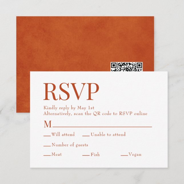 Burnt Orange Scan Qr Code Meal Choice Wedding RSVP Card (Front/Back)