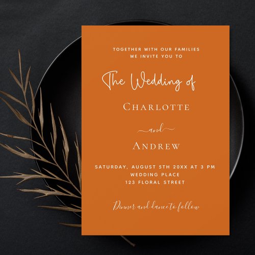 Burnt orange script luxury wedding invitation