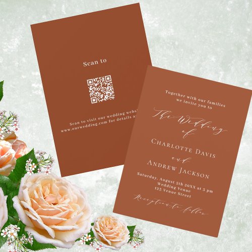 Burnt orange script modern QR code RSVP wedding Invitation