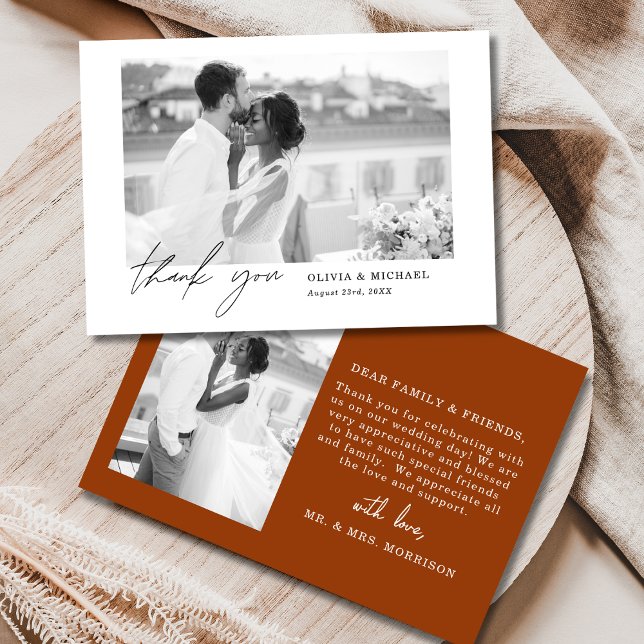 Burnt Orange Script Photo Wedding Thank You Card (Creator Uploaded)