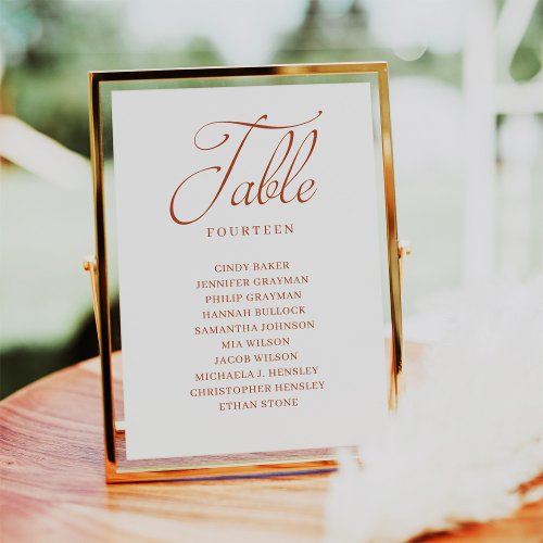 Burnt Orange Script Table Number Seating Chart