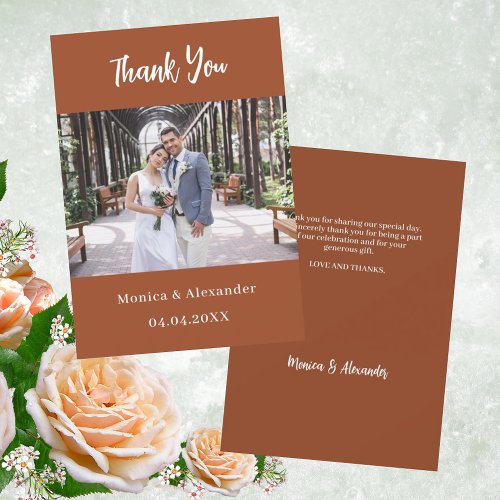 Burnt orange script wedding photo thank you card