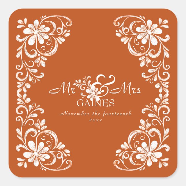 Burnt Orange Shabby Chic Mr & Mrs Wedding Sticker (Front)