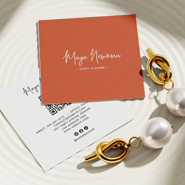 BURNT ORANGE SIGNATURE Modern Minimal QR Code  Square Business Card (Creator Uploaded)