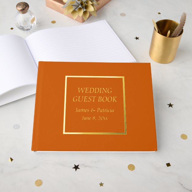 Burnt Orange Simple Stylized Lettering Wedding Foil Guest Book (Front Open)