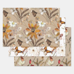 Burnt Orange Simple Wildflower Fall Floral Wrapping Paper Sheets
