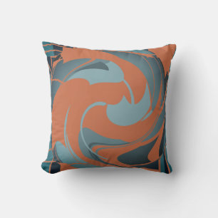 Burnt Orange Slate Seafoam Abstract Flower Motif Throw Pillow