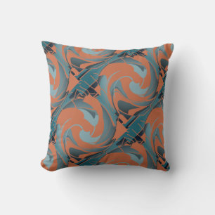Burnt Orange Slate Seafoam Diagonal Twirls Motif Throw Pillow