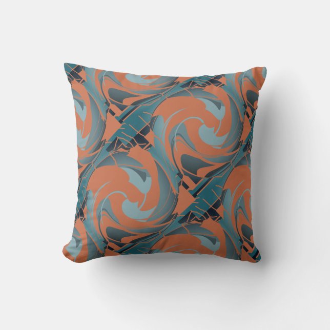 Burnt Orange Slate Seafoam Diagonal Twirls Motif Throw Pillow (Front)