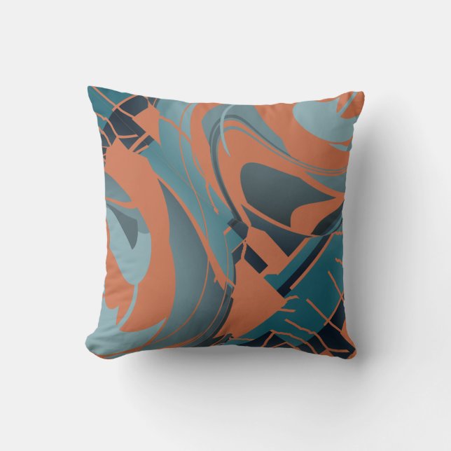 Burnt Orange Slate Seafoam Flowing Floral Motif Throw Pillow (Front)