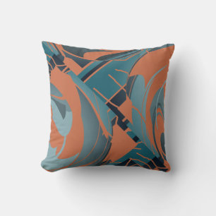 Burnt Orange Slate Seafoam Swiring Lush Leaf Motif Throw Pillow