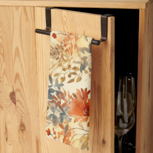 Burnt Orange, Smoky Indigo Abstract Floral Kitchen Towel