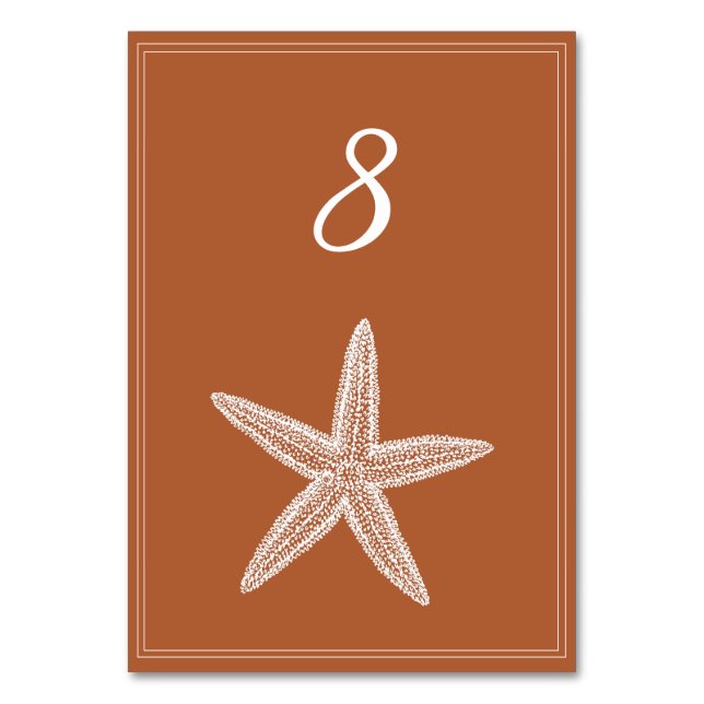Burnt Orange Starfish Table Number Card (Front)