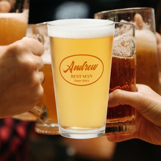 Burnt Orange Stylized Name Wedding Best Man Glass (In Situ)