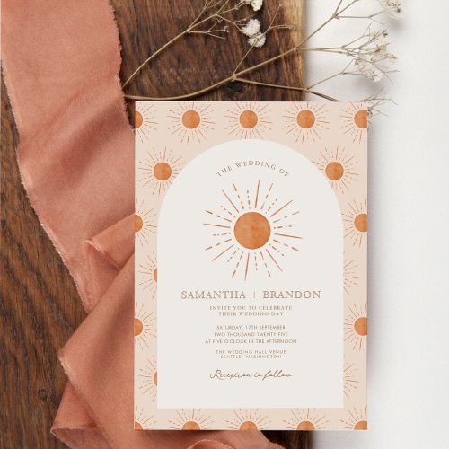 Burnt Orange Sun Celestial Boho Wedding Qr Code  Invitation