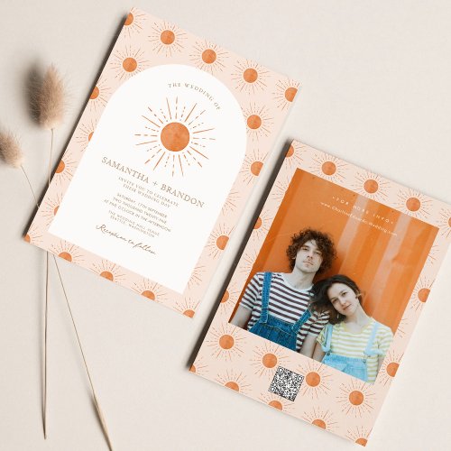 Burnt Orange Sun Celestial Boho Wedding Qr Code  Invitation