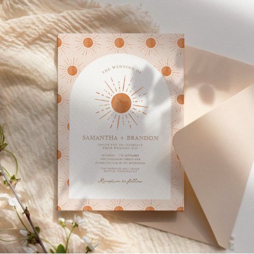 Burnt Orange Sun Celestial Boho Wedding Qr Code  Invitation