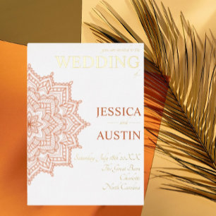 Burnt Orange Sunrise Mandala Summer Fall Wedding Foil Invitation
