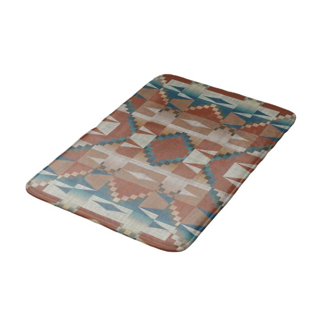 Burnt Orange Taupe Brown Teal Blue Tribal Art Bath Mat (Angled)