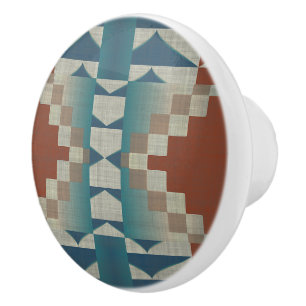 Burnt Orange Taupe Brown Teal Blue Tribal Art Ceramic Knob