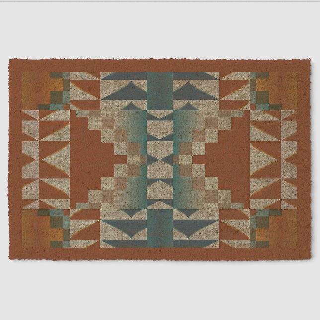 Burnt Orange Taupe Brown Teal Blue Tribal Art Fiber Doormat (Front)