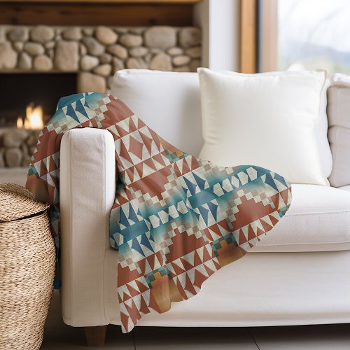 Burnt Orange Taupe Brown Teal Blue Tribal Art Fleece Blanket