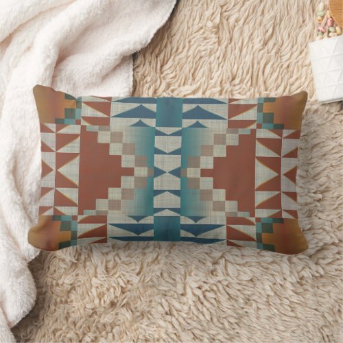 Burnt Orange Taupe Brown Teal Blue Tribal Art Lumbar Pillow