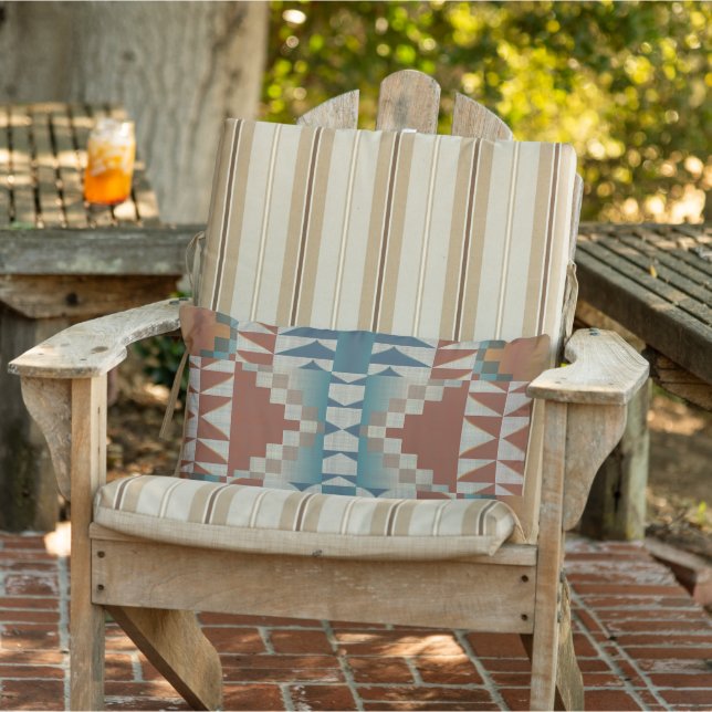 Burnt Orange Taupe Brown Teal Blue Tribal Art Lumbar Pillow (Chair)