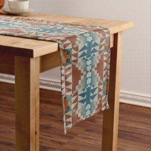 Burnt Orange Taupe Brown Teal Blue Tribal Art Medium Table Runner