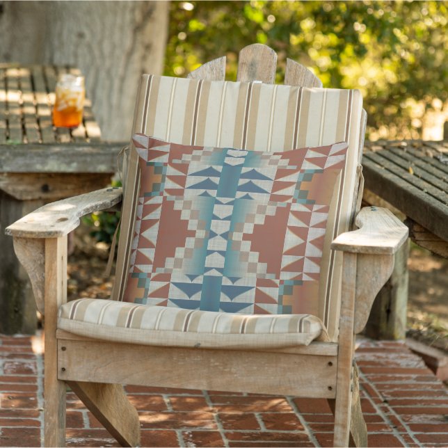 Burnt Orange Taupe Brown Teal Blue Tribal Art Outdoor Pillow (Chair)