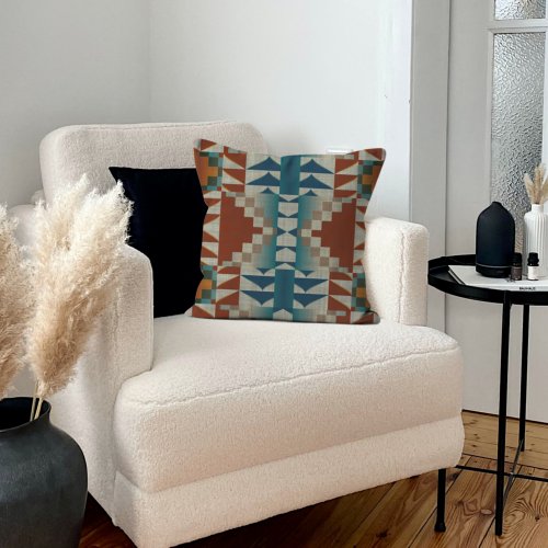 Burnt Orange Taupe Brown Teal Blue Tribal Art Throw Pillow