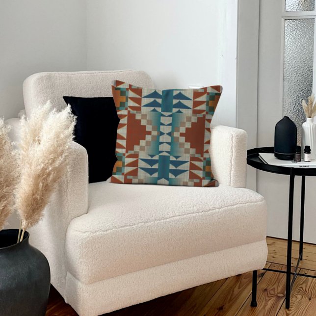Burnt Orange Taupe Brown Teal Blue Tribal Art Throw Pillow (Creator Uploaded)