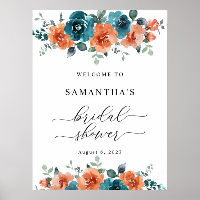 Burnt Orange Teal Blue Bridal Shower Welcome Sign (Front)