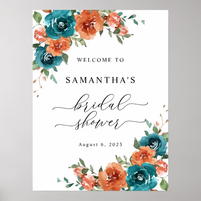 Burnt Orange Teal Bridal Shower Welcome Sign (Front)