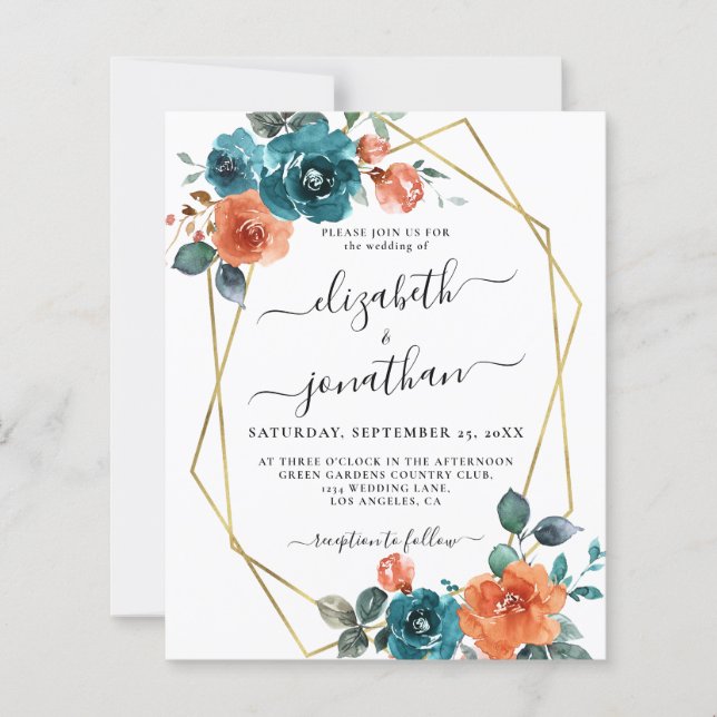 Burnt Orange Teal Budget Rust Wedding Invitation (Front)
