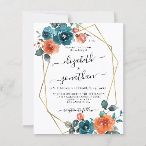 Burnt Orange Teal Budget Rust Wedding Invitation