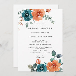 Burnt Orange Teal Floral Bridal Shower Invitation