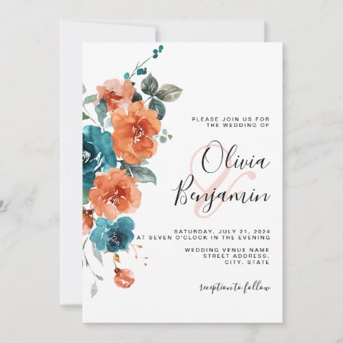 Burnt Orange Teal  Floral Elegant Rustic Wedding Invitation