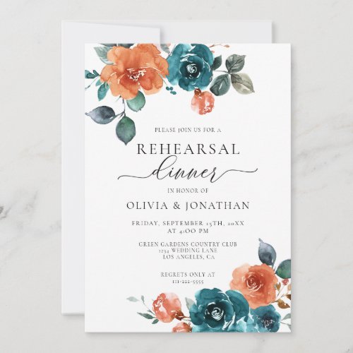 Burnt Orange Teal Floral Fall Rehearsal Dinner Invitation