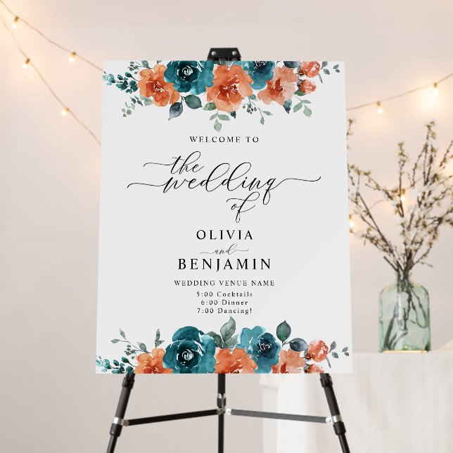 Burnt Orange Teal Floral Rust Wedding Welcome Sign (In Situ (Stand))