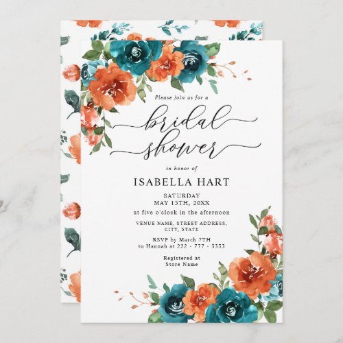 Burnt Orange Teal Floral Rustic Bridal Shower Invitation