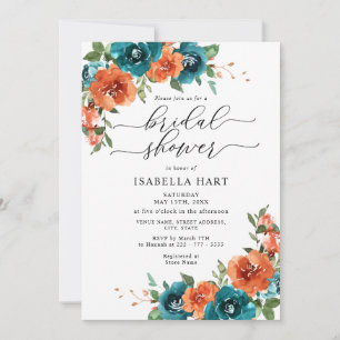 Burnt Orange Teal Floral Watercolor Bridal Shower Invitation