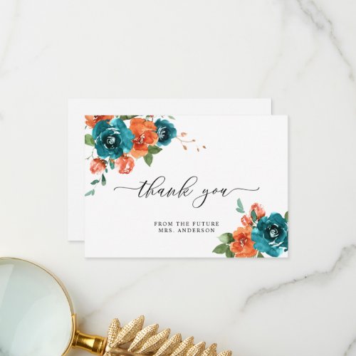 Burnt Orange Teal Floral Watercolor Bridal Shower Thank You Card