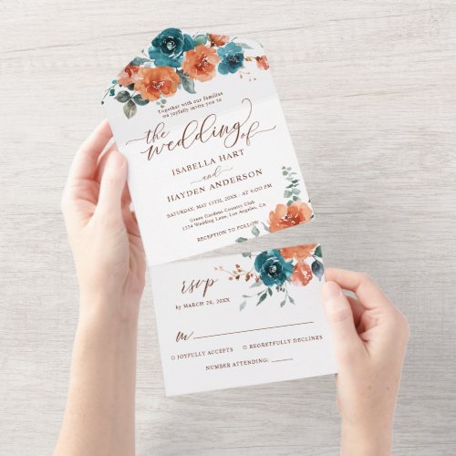 Burnt Orange Teal Floral Wedding All In One RSVP All In One Invitation