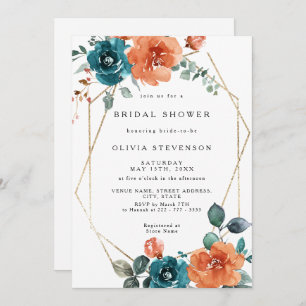 Burnt Orange Teal Gold Bridal Shower Invitation