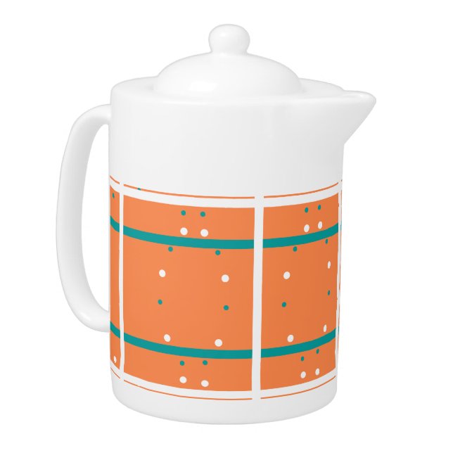 Burnt Orange Teal Green Polka Dots Teapot (Left)