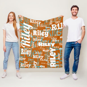 Burnt Orange Teal Name Repeating Name Typography Fleece Blanket