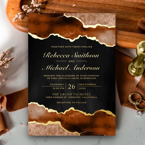 Burnt Orange Terracotta Agate Black Wedding Gold Foil Invitation