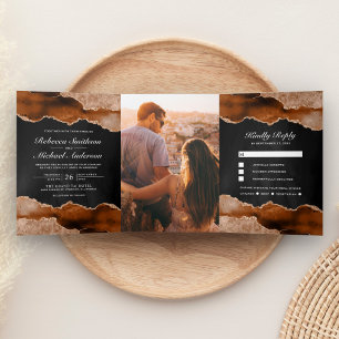 Burnt Orange Terracotta Agate Marble Black Wedding Tri-Fold Invitation