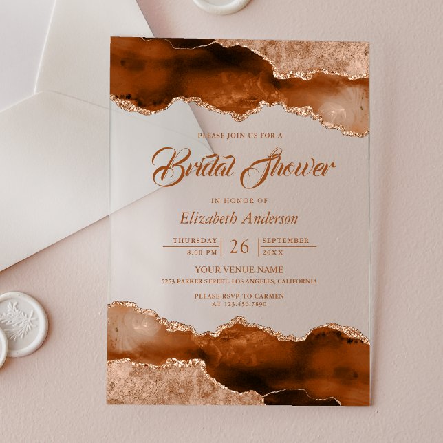 Burnt Orange Terracotta Agate Marble Bridal Shower Acrylic Invitations (Creator Uploaded)
